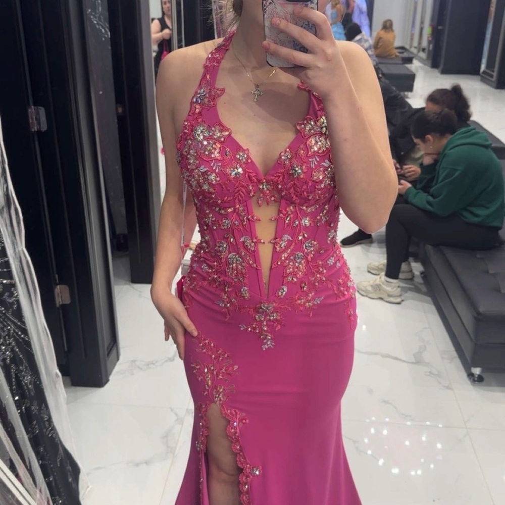 Jovani Fuchsia Floral Embellished Gown